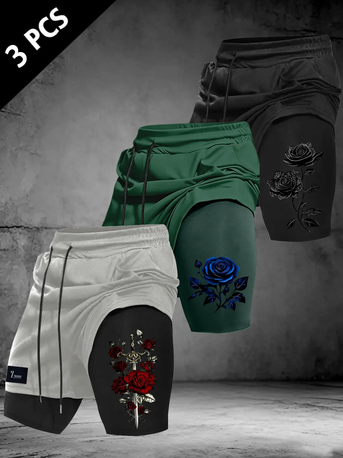 Men 2-in-1 Double Layer Athletic Workout Shorts, Gothic Rose & Sword Floral Print Compression Liner, Drawstring Waist Side Pocket Quick Dry Gym Running Training Sports Shorts, Graphic Track Shorts #GothicRoseShorts #2in1GymShorts #MensTrainingBottoms