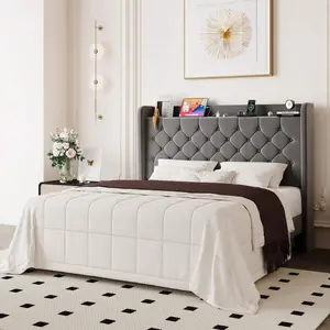 Allewie Full/Queen/King Size Bed Frame, Storage Headboard With Charging Station, Wingback Velvet Upholstered, Diamond Stitched Button Tufted, Sturdy Wooden Slats, No Box Spring Needed, Easy Assembly, Grey