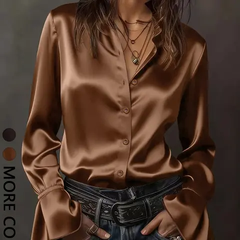 Women Stand Collar Button Down Blouse, Button Blouse Shirts, Long Sleeve Flared Cuff Shirt, Loose Tailored Fit, Elegant Classic Silhouette, Fashion Tops for Business Commute, Daily Dating and Formal Occasion Outfits