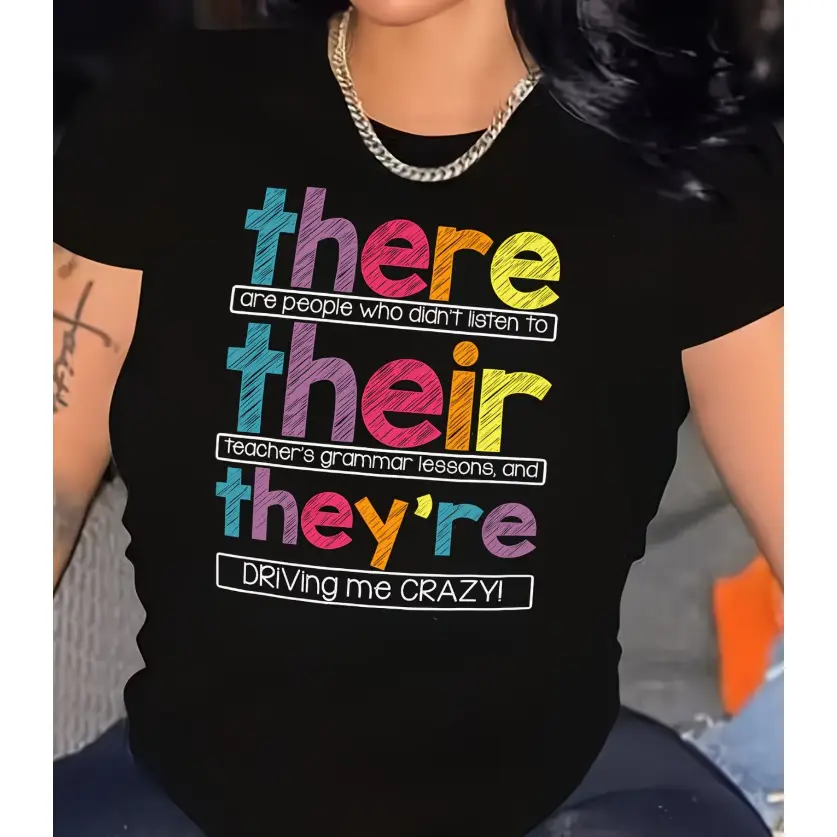 There Their They're Grammar Funny Colorful Sketch English Teacher Graphic Oversized Cotton Tee, Comfort Back To School Fashion Outfit, Perfect English Teacher Valentine's Day Gift For Him Her, Funny Grammar Classroom Shirt Holiday Present For Friends Fami
