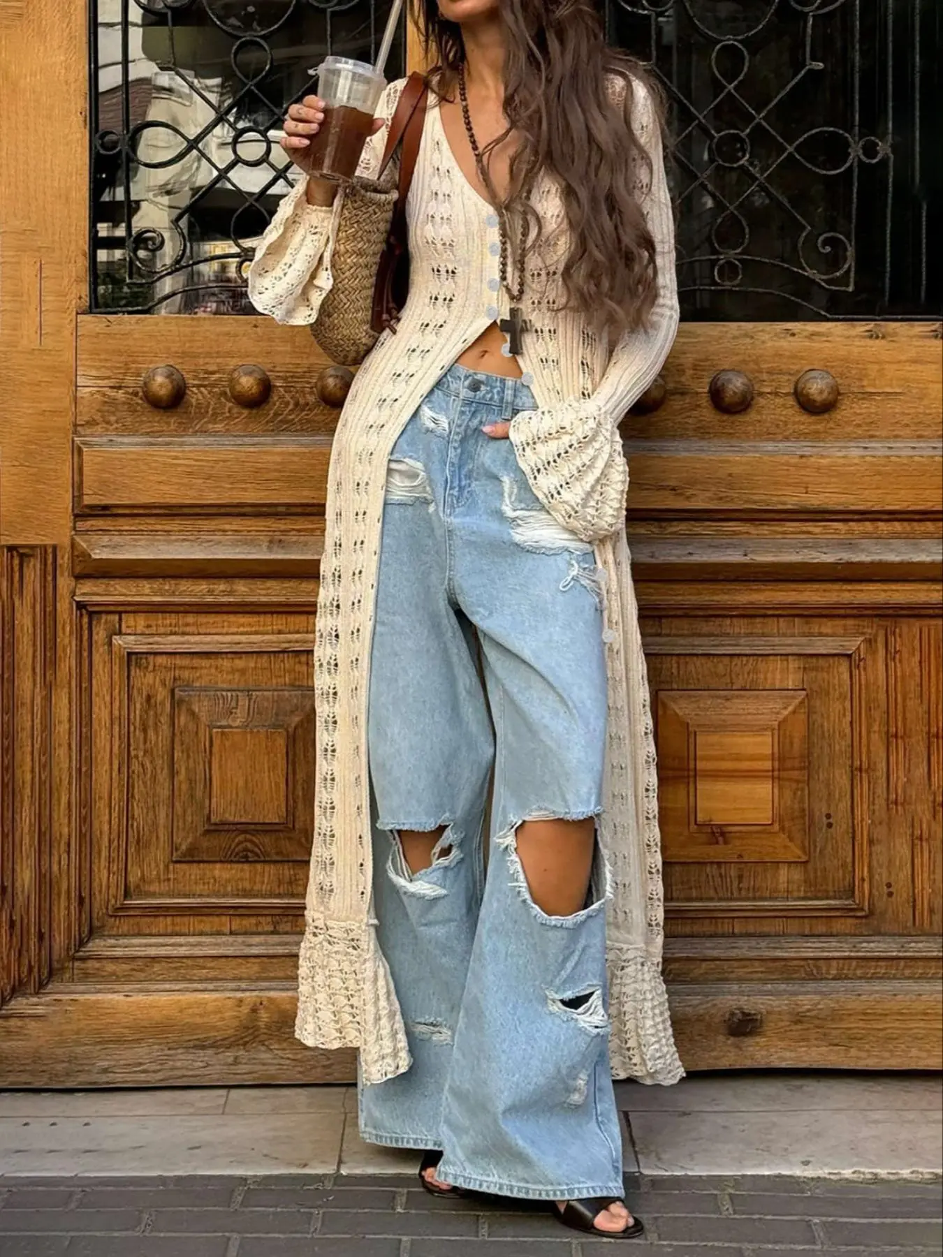 Women's Plain Hollow-Out Button-Front Lightweight Cardigan, Elegant Chic Long Sleeve Flounce-Sleeve Fitted Knitwear for Spring & Summer Daily Wear, Fashion Knit Clothing, Knitting Womenswear