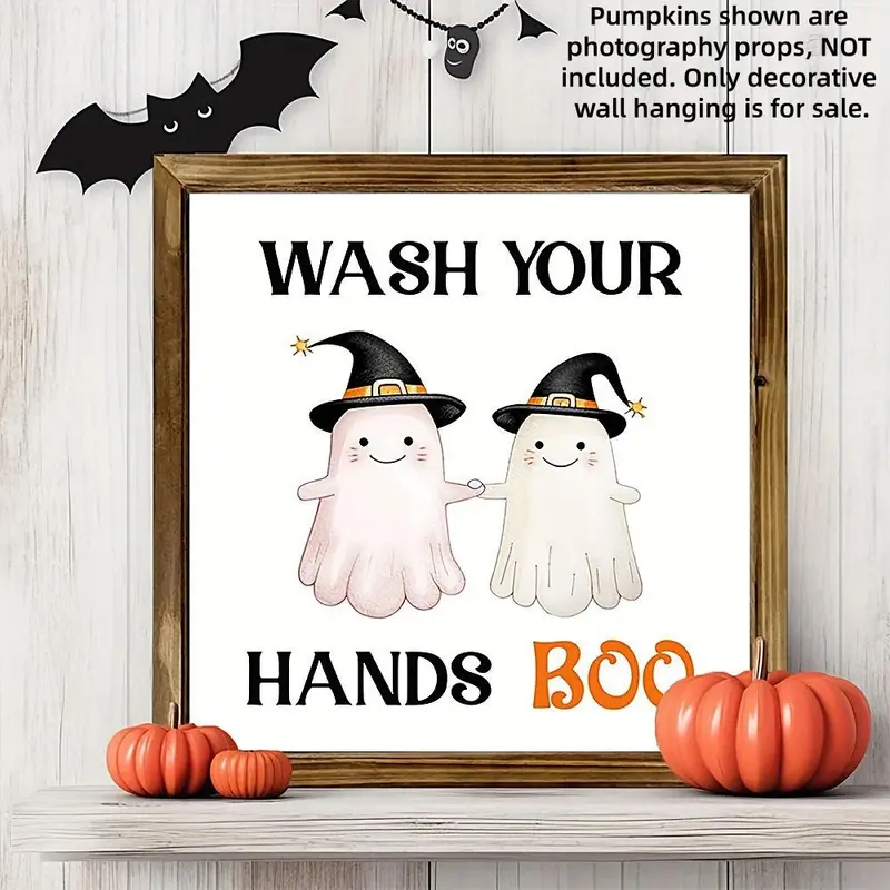 Halloween Bathroom Door Decor, Cute Witch Hat & Ghost Design, Rustic Wooden Plaque with Metal Hooks, Easy to Hang, Indoor Outdoor Use, No Batteries Needed