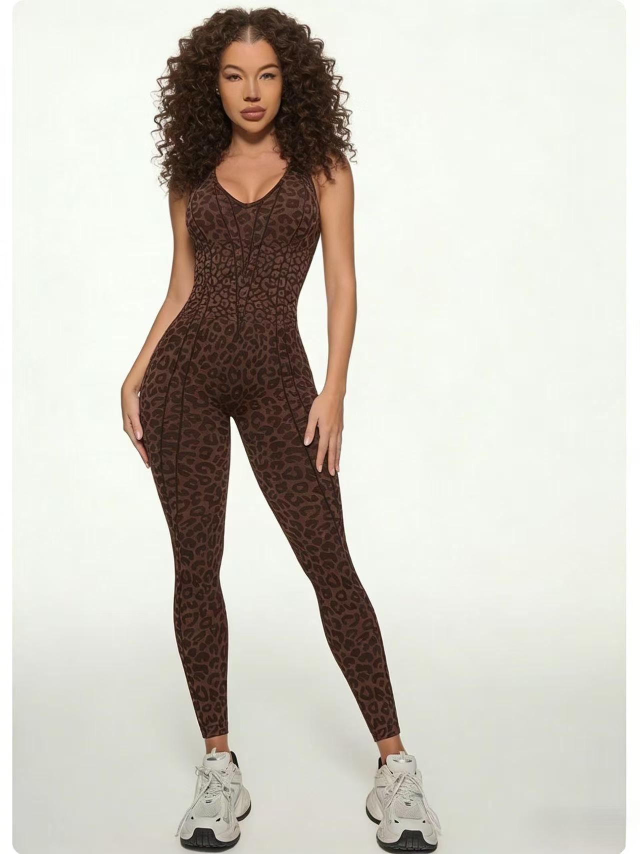 Women's Leopard Print Active Jumpsuit – High-Waisted Tummy Control Bodysuit with Open Back, Built-in Bra, Seamless Gym Wear for Yoga & Training