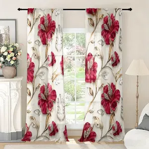 2pc, Digital Luxury Style, Red Gold Floral Print Curtains, Installed with pocket rods, suitable for living room, closet, bedroom, study, dining room, and home decoration.