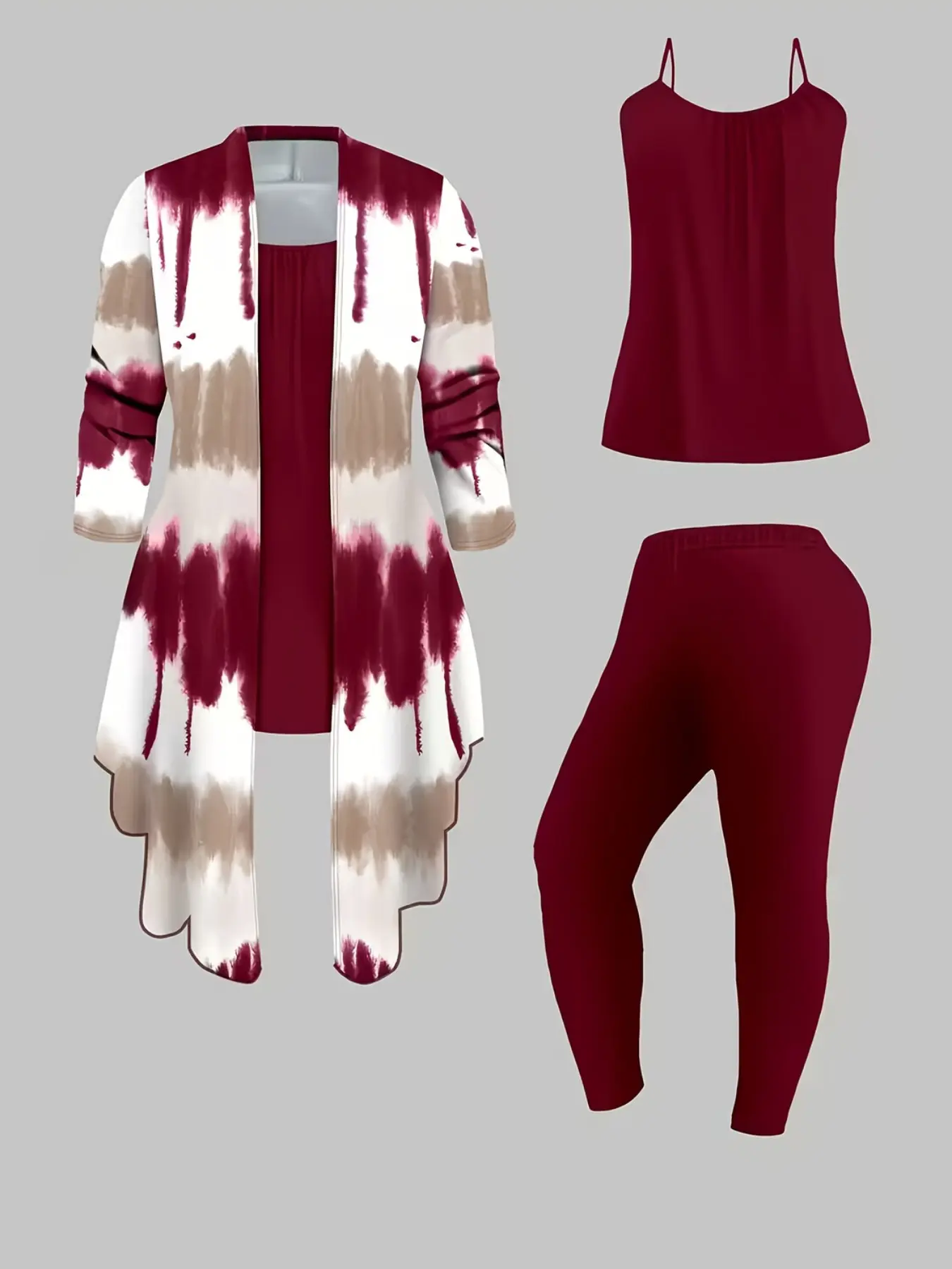 Women's Three Piece Coordinate Set, Vacation Streetwear, Long Sleeve Tie Dye Kimono, Spaghetti Strap Tank, Skinny Trousers, All Seasons