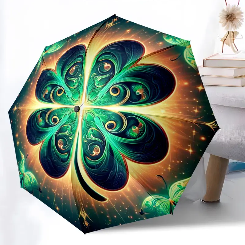 My lovely Neon Lucky leave Four-leaf clover 3 Folding Automatic Open Compact Portable Outdoor Umbrella for Outdoor Use Perfect Gift for Fans Friends & Family Outdoor Stylish Accessory Durable Canopy