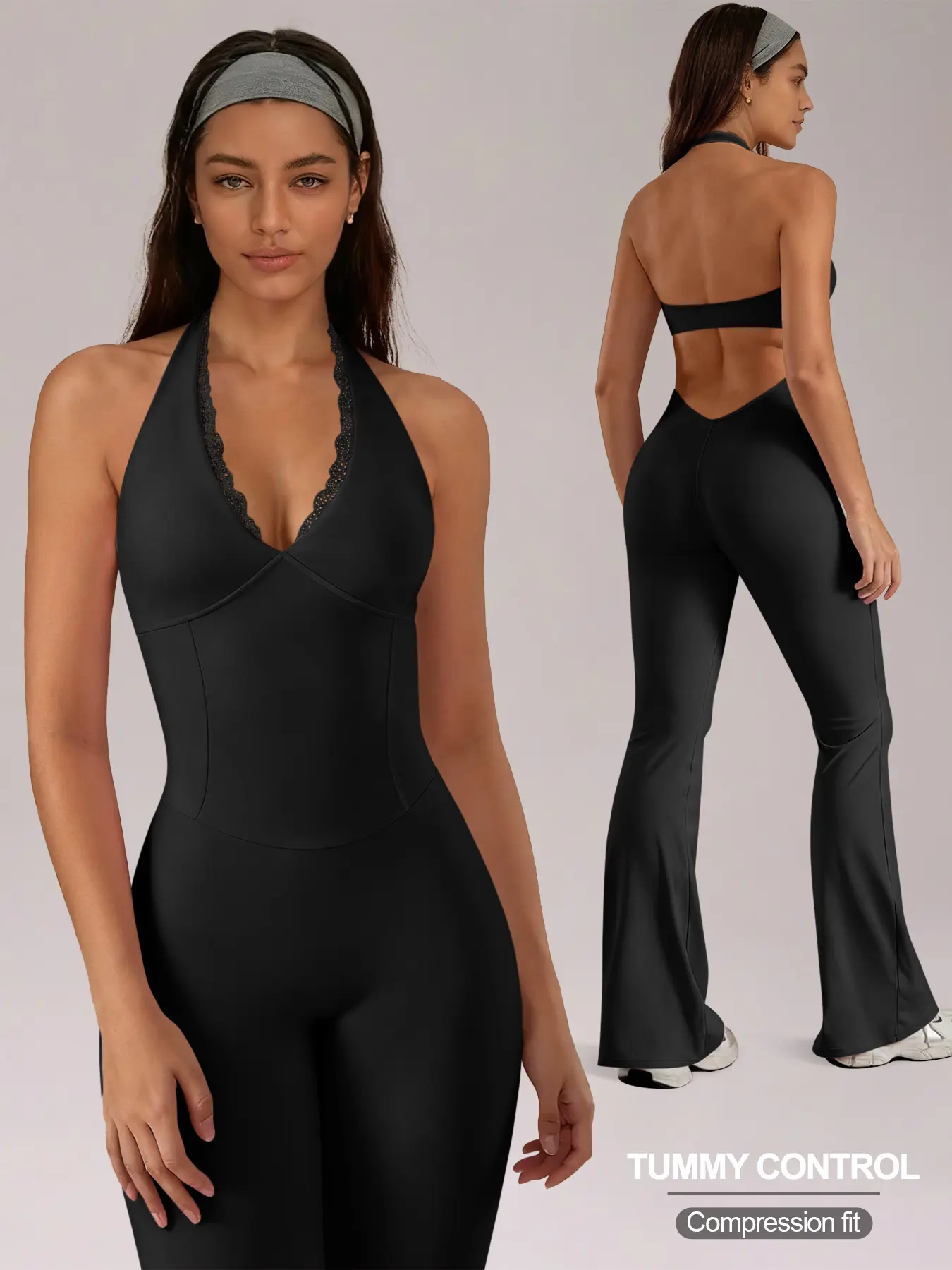 Women's Halter Neck Yoga Jumpsuit, Compression Jumpsuit, Lace Patchwork V Neck Removable Pads Hollow Out Backless, Sleeveless Tummy Control Solid Color High Stretch Workout Utitard For Y2K Yoga Gym Sports Dailywear Workout Jumpsuits