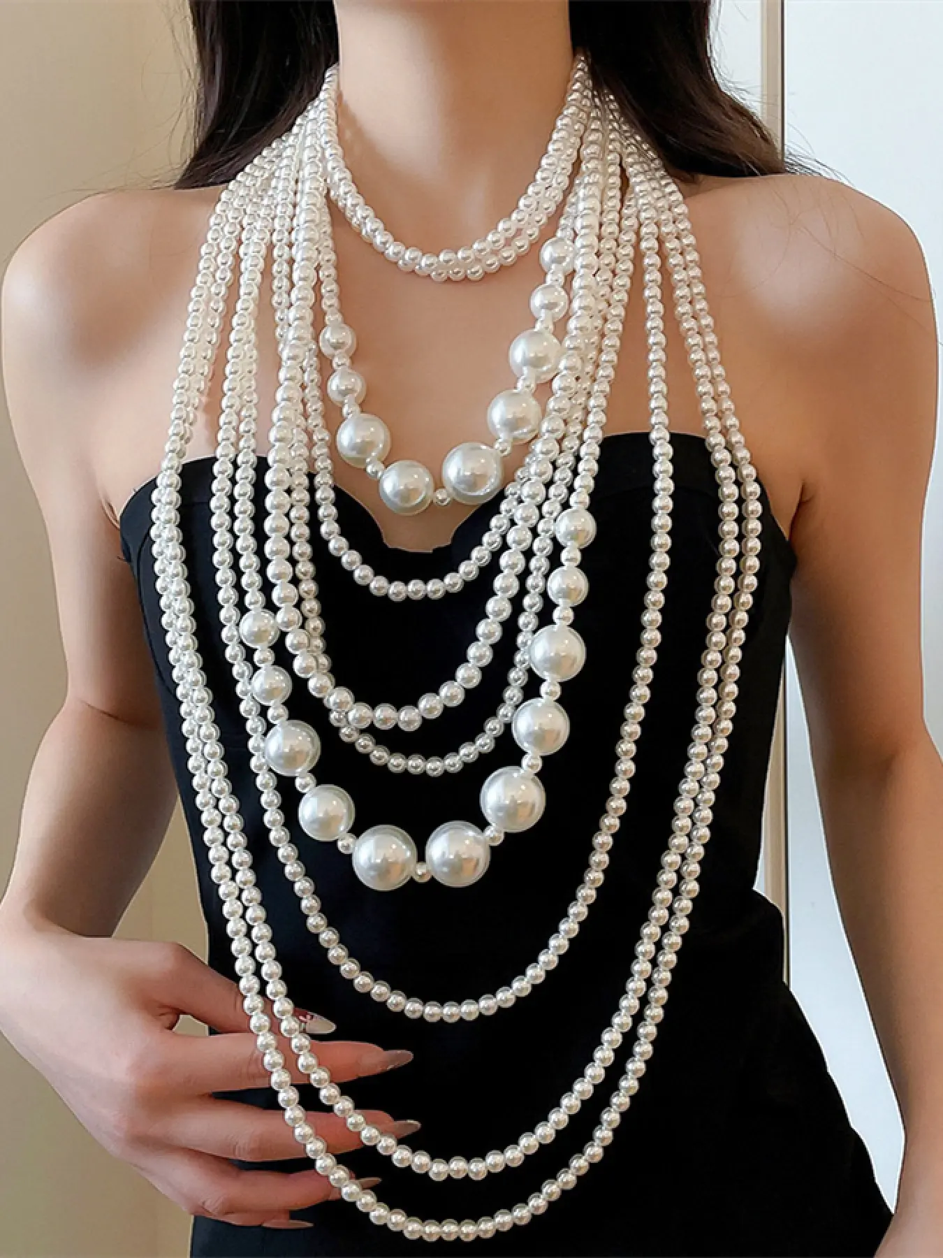 Vintage 10-Layer Imitation Pearl Long Necklace Body Chain for Women, Wedding Daily Festival Wear, Retro Style, All Seasons