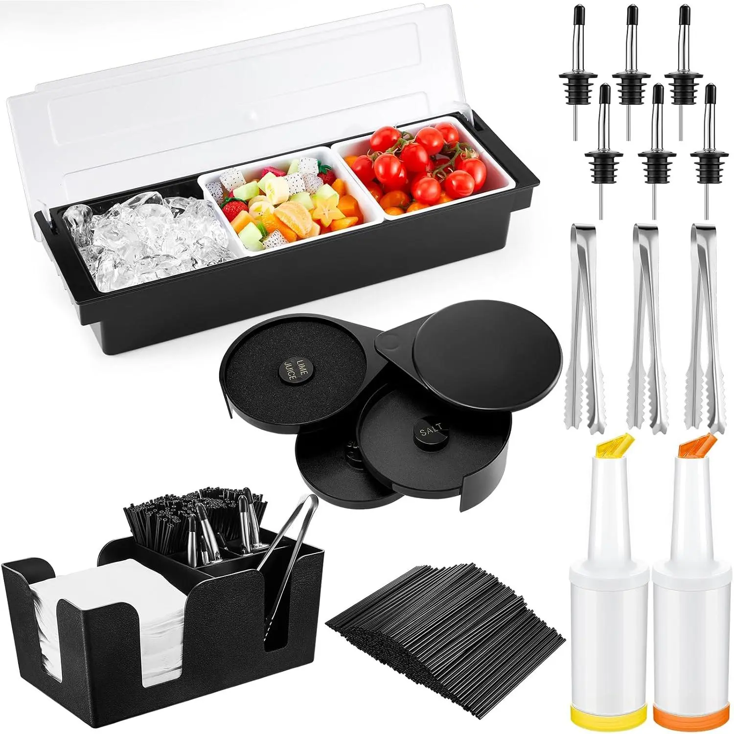 Bartending Supplies 3 Compartments Garnish Tray with Lid Bar  3 Tier Glass Rimmer Stainless Steel Bottle Pourers Juice Pouring  Tools Plastic Serving Accessories