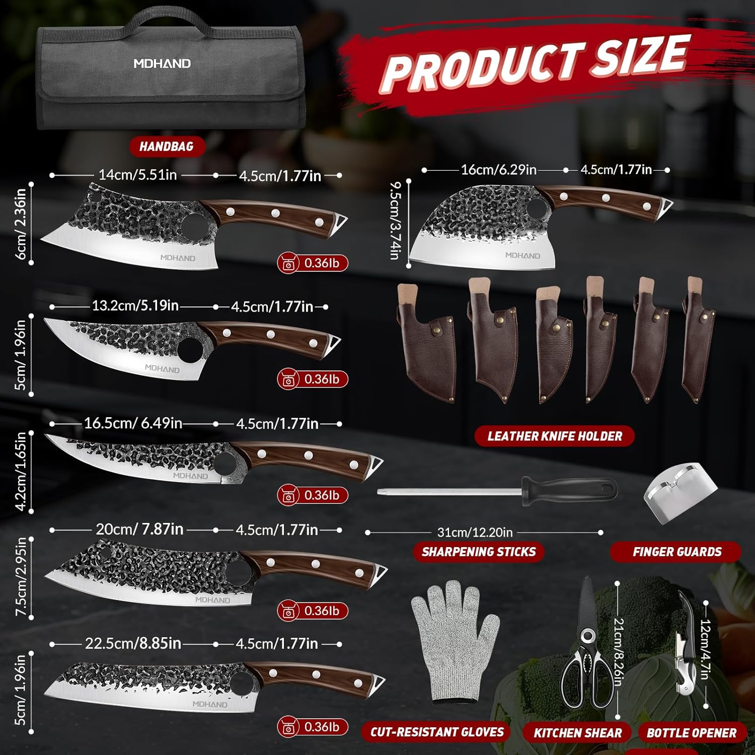 MDHAND Butcher Knife Set,  18Pcs Hand Forged Serbian Chef Knife Set with Bag, High Carbon Steel Full Tang Kitchen Knives Set, Meat Cleaver & Boning Knife for Brisket Trimming BBQ Camping, Gift for Men