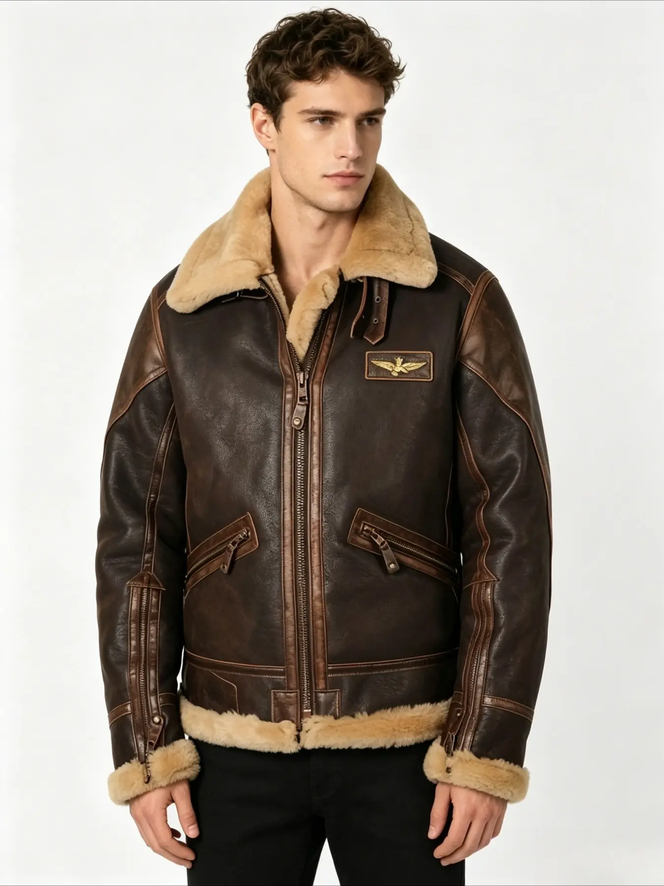 1 PC Men's Thick Fleece Flight Jacket, Fur Collar Fashion PU Jacket, Chest Logo Coat, Comfortable, Warm, Windproof, Equipped with zippers and zipper pockets, Suitable for outdoor and casual wear in spring, autumn and winter.