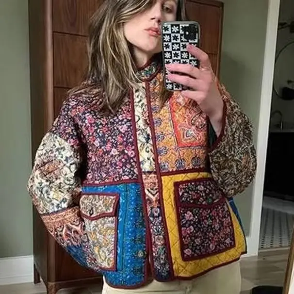 Women's 2026 New Autumn Winter Retro Printed Casual Loose-Fit Quilted Coat - Ethnic Style Stand Collar Button Warm Outerwear with Vintage Patchwork Floral Print, Sports & Outdoor Tops, S-XL
