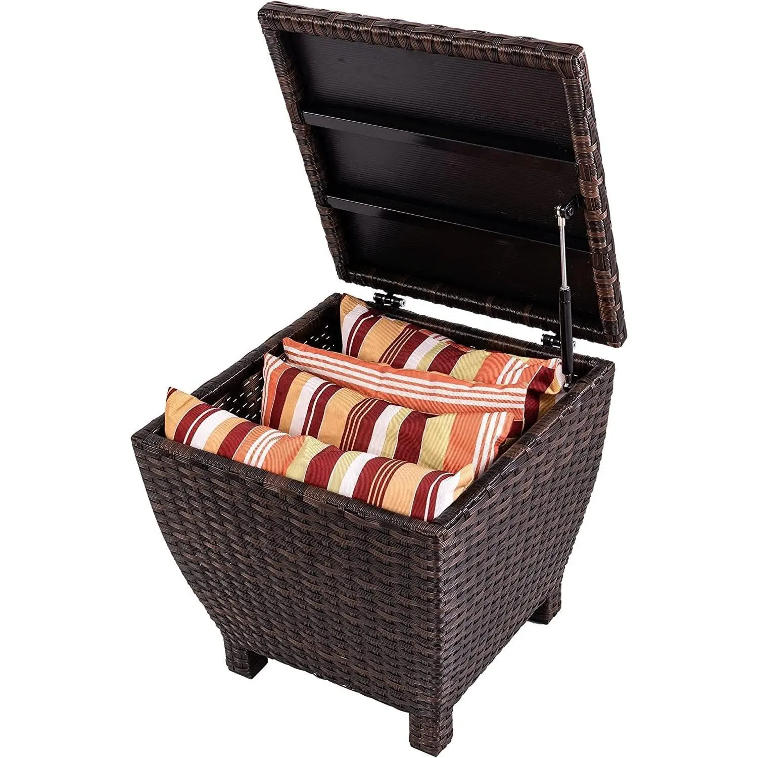 Outdoor Small Deck Storage Box with Lid, 13 Gallon Outdoor Bin Storage Container for Hose Cushion Towel, Patio Fully Assembled Brown Wicker Side Table with Storage - Rattan