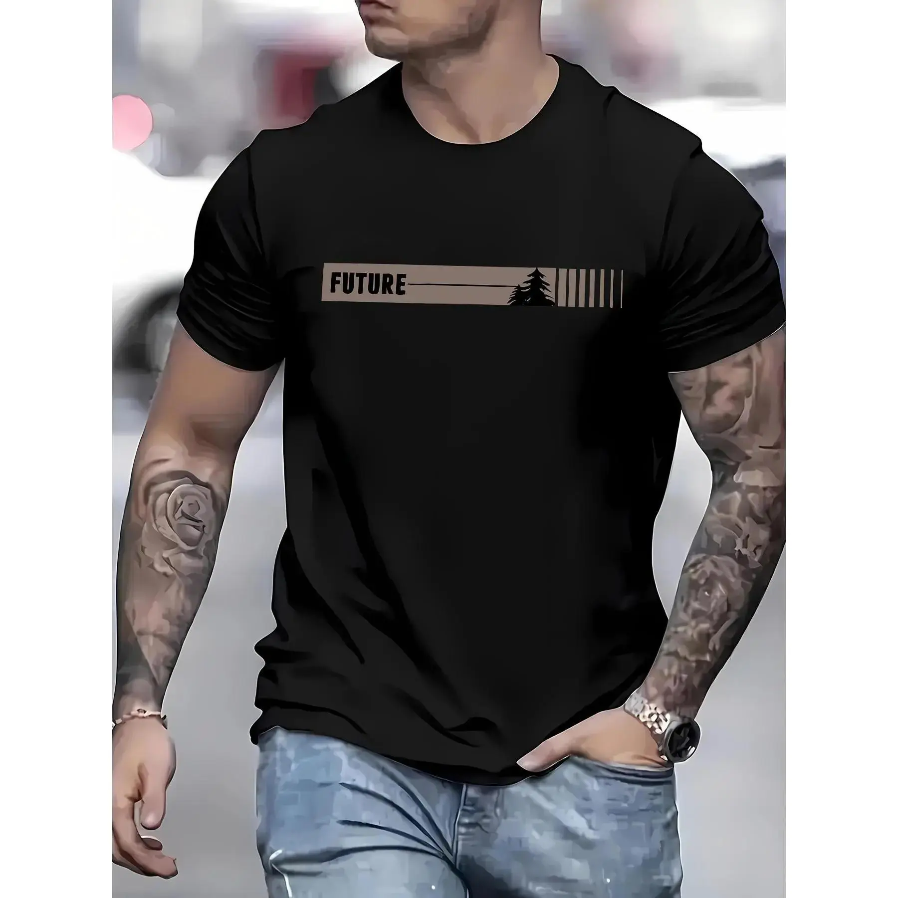 MEN'S casual crew neck T-shirt with "future" print, short sleeve, knit fabric, 95% polyester 5% spandex, slight stretch, regular fit, summer top-Black,sohochic