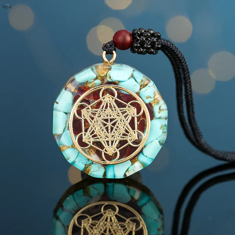 Orgone Turquoise Chip Stone Pendant Necklace for Women Men, Metatron Cube Sacred Geometry Round Resin Amulet Necklace, Adjustable 65cm Black Cord Spiritual Meditation Jewelry Gift