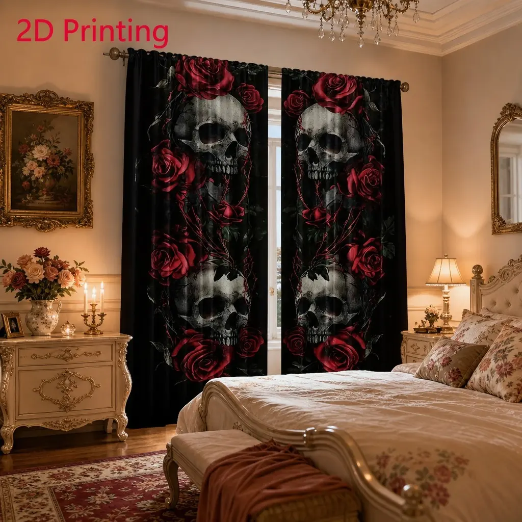 2-piece set, Ready Made Curtains, skeleton and pumpkin cemetery printed background curtains, semi-opaque polyester fabric Halloween decorative curtains, rod pocket style curtains for living rooms and offices