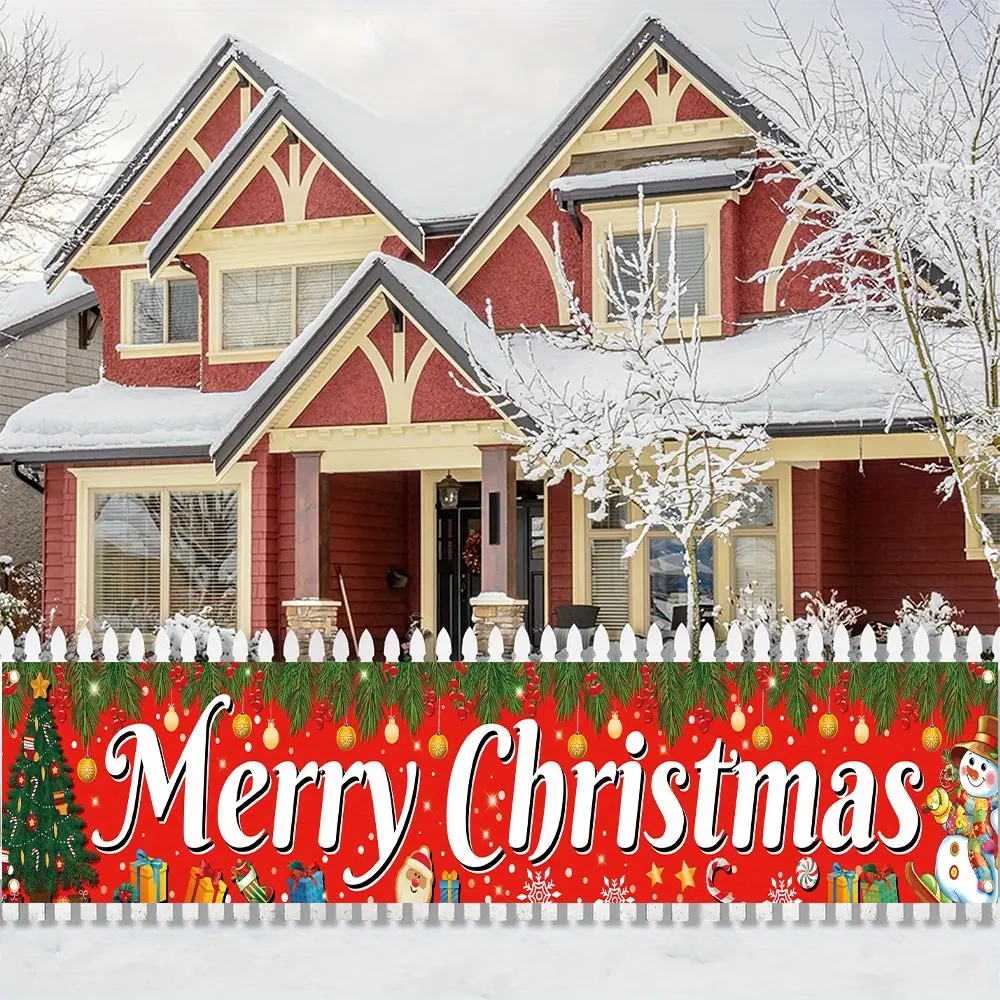 2D Rectangular Flat Outdoor Christmas New Year Backdrop Banner - Weatherproof Vibrant Wipe-Clean Polyester, No Electricity Needed, Patterned Snowman Santa Reindeer Goose Decor, Red White Festive Entryway Garden Decorative Sign Outdoor Holiday Decor