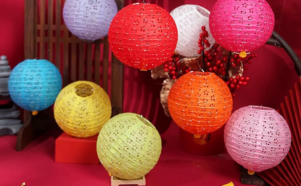 BASIC SUPPLY 5PCS Paper Lanterns Colorful Vibrant Decoration 6inches with LED Lights, Hollow Out Hanging Lanterns with Tassels Walking Sticks for Dinner Birthday Party Decor (Round)