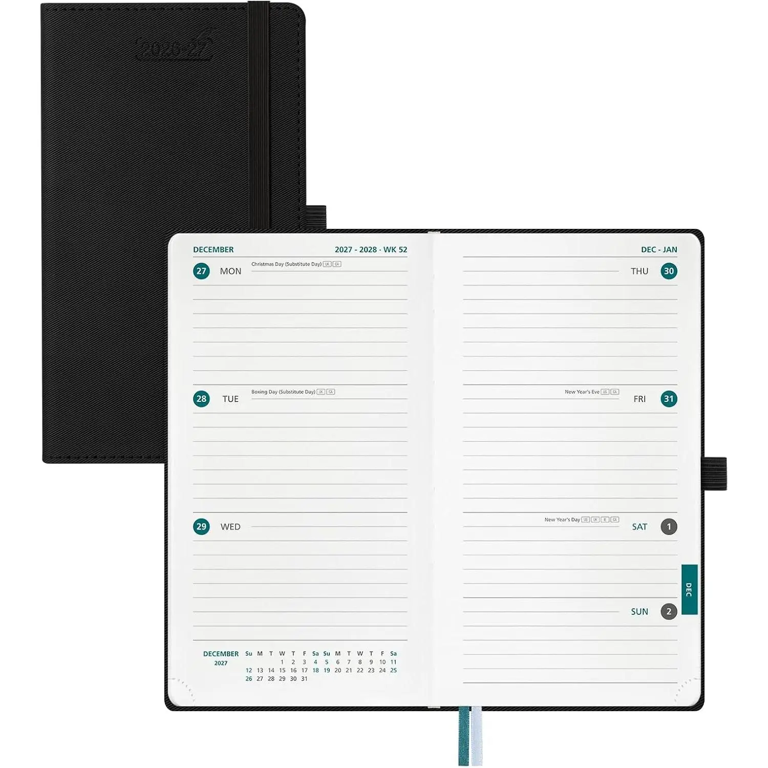 Pocket Calendar 2026-2027, Weekly Monthly Planner (3.75"x6.75") | Horizontal Daily Appointment, Small Academic Notebook (Jul 26-Dec 27) School/Office, PU Leather Hardcover, Black