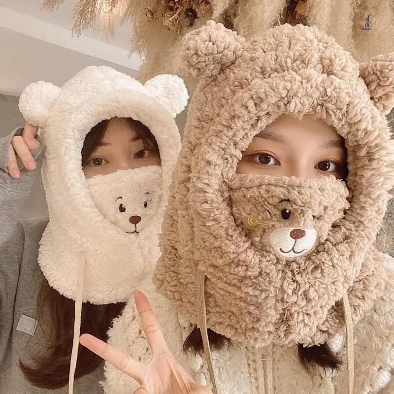 Women's 1-Pack Bear Ear Hat-Scarf Combo, Fuzzy Texture Plush Polyester Integrated Hooded Warm Neck Wrap, Winter Outdoor Cycling Cold Weather Accessory