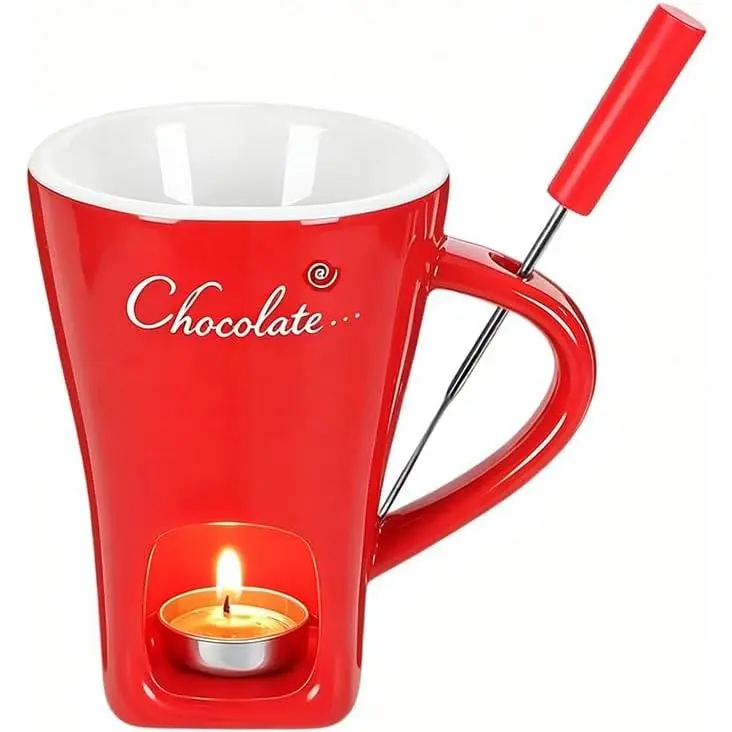 Ceramic  Fondue Mug, Personal Melting Pot with Fork & Candle, Versatile Warmer for Cheese, Caramel, Butter, Easy Clean, Sutiable for Romantic Date Night Wedding (1, White)