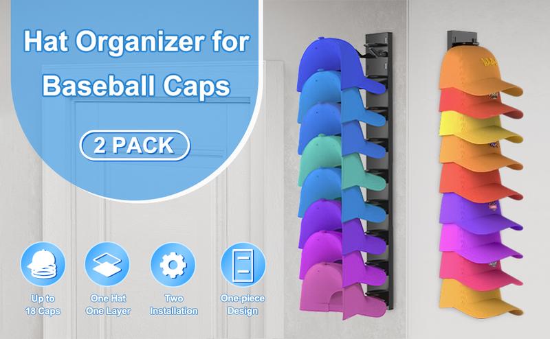 2 Hat Organizer Wall Mounted Baseball Cap Rack Black or White Adhesive Mount Holds 18 Hats for Closet Door Bedroom Easy Access Display Installation