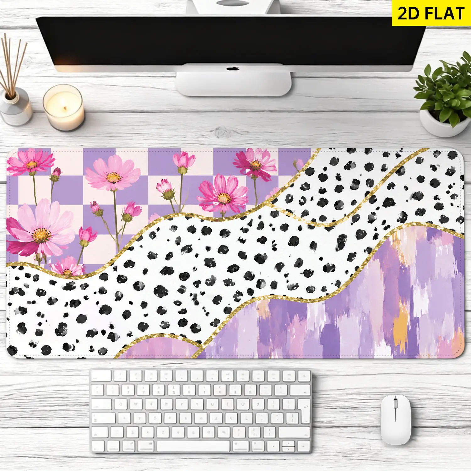 Extra Large purple floral checkered leopard print Mouse Pad,Non Slip Rubber Pad,Desktop Decoration Drotection Pad,Washable,Lock Edge Multi Size,Premium Multipurpose Mousepad For Home,Office,Gift for Family and Friends