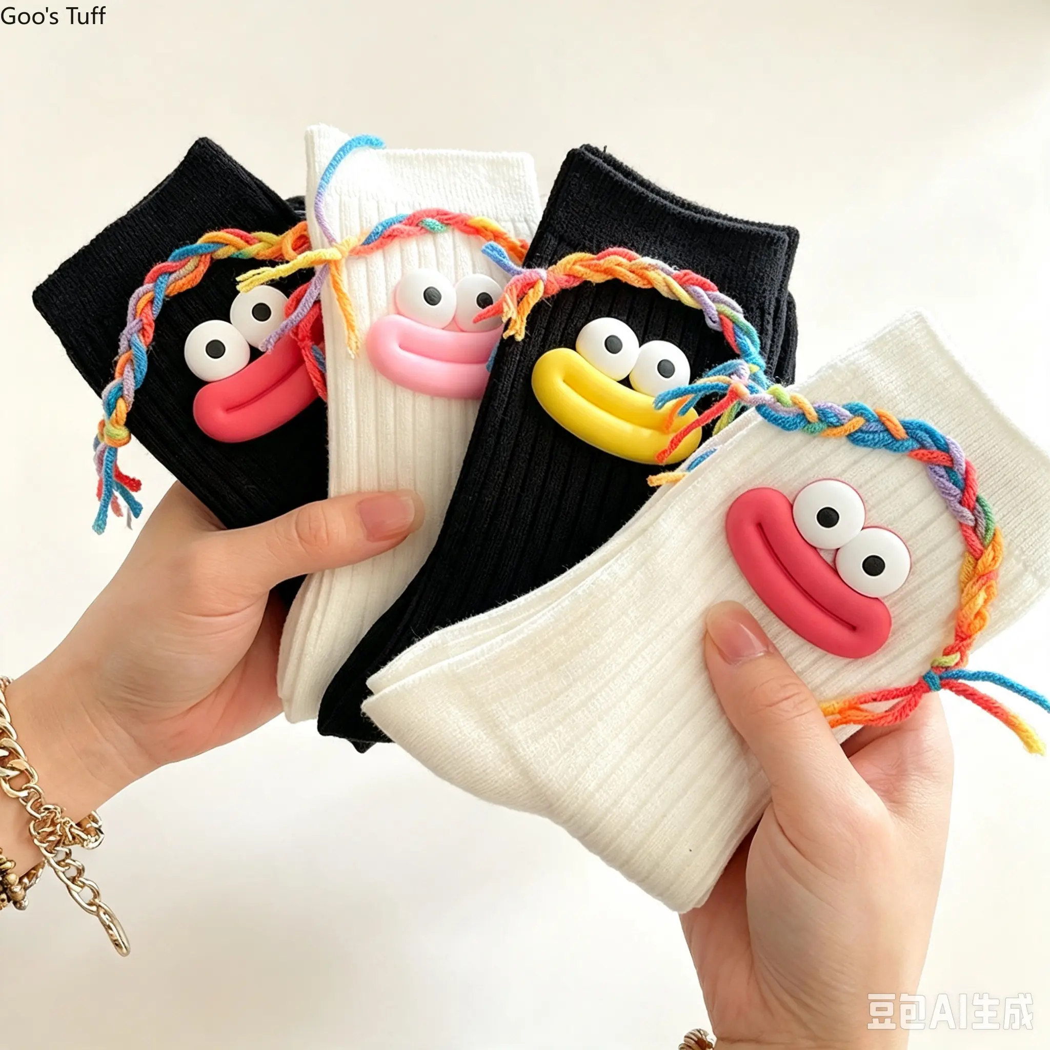 Women's Cotton Mid-Calf Socks - Colorful, Funny Big Mouth Faces, Novelty Personality Design, DIY Yarn-Braid Ins Trendy Style, One-Size Cotton Yarn Socks