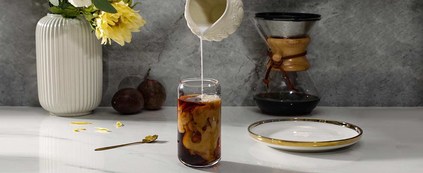 Glasses with Glass Straw 4pcs Set - 16oz Highball Glass Cups, Beer Glasses, Iced Coffee Glasses, Cute Tumbler Cup, Ideal for Whiskey, Soda, Tea, Water, Gift, 1 Brushes