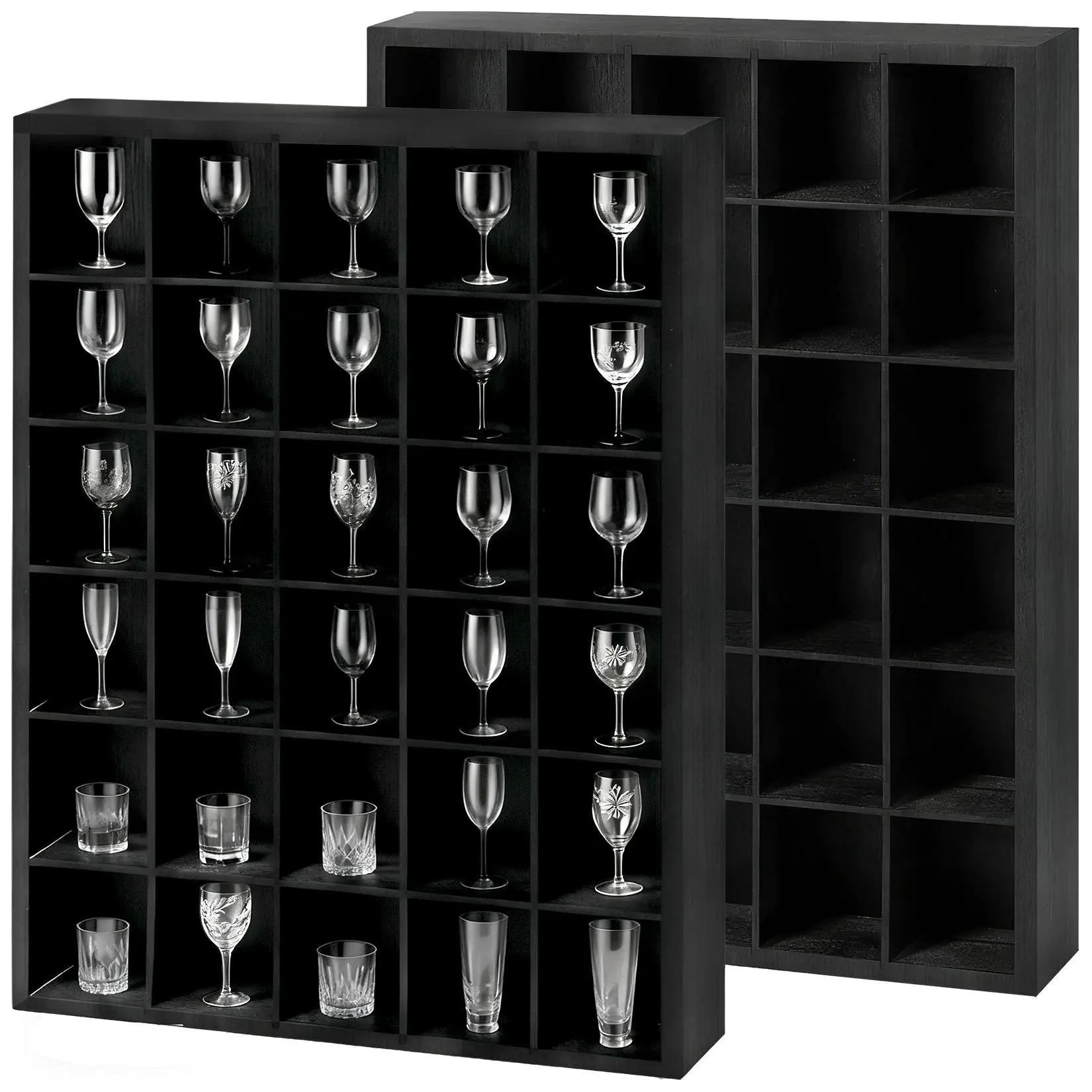 Matte Black Wall-Mounted Wooden 30-Slot Shot Glass Display Case Set of 2 - Decor Storage Organizer with Removable Shelves for Collecting Action Figures, Mini Perfume, Thoughtful Father's Day Gift (Easy Installation)