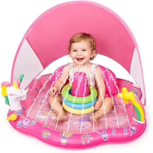 Baby Pool Float with Sprinkler, Inflatable Baby Splash Pad with Stackable Rings Game, Baby Splash Mat with Canopy & Backrest for Toddlers Garden, Beach, Backyard and Bathroom (Pink)fidget toys