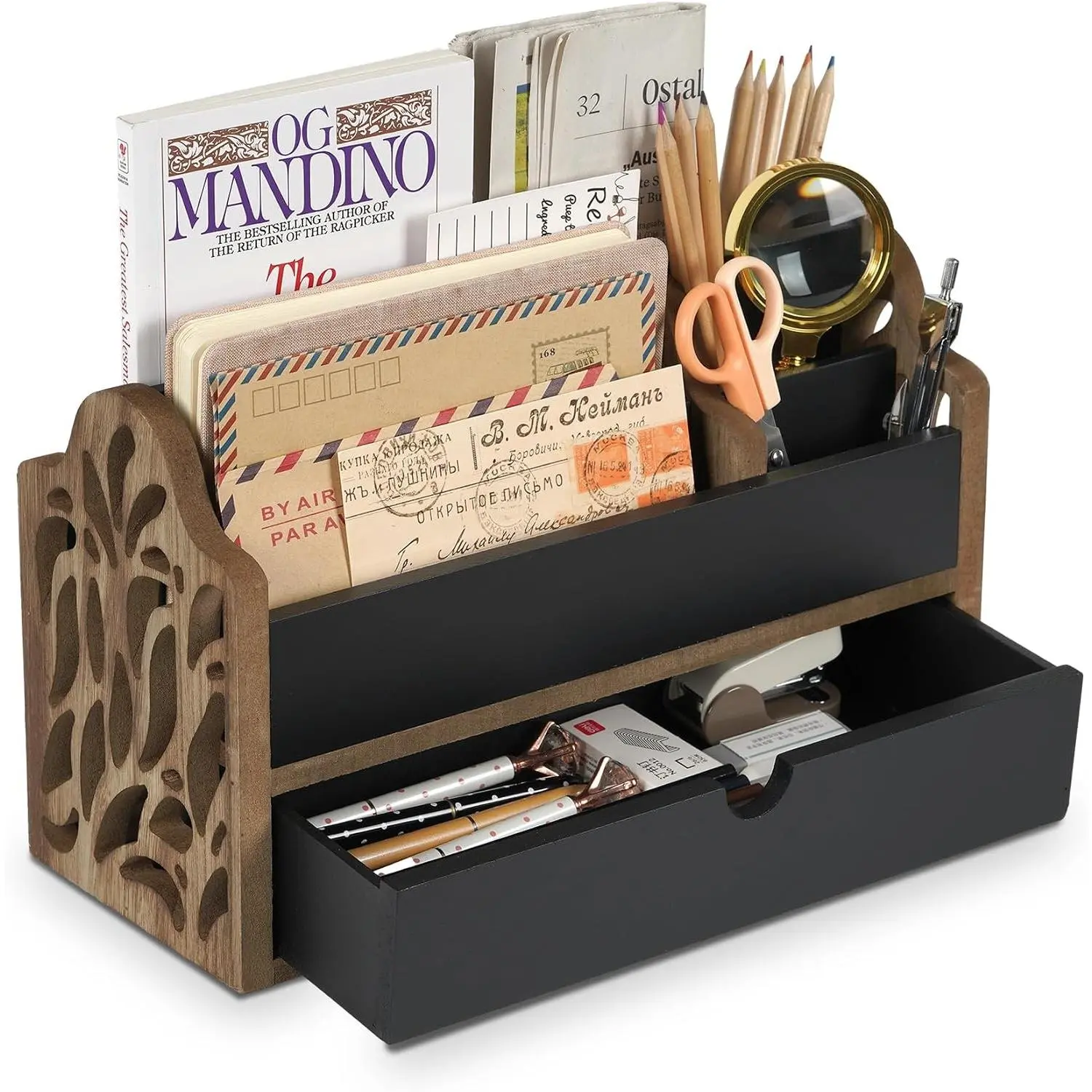 Wooden Desk Organizer with Drawer, 5-Slot Countertop Tabletop Storage Pen Mail Letter File Holder for School Home Office Supplies