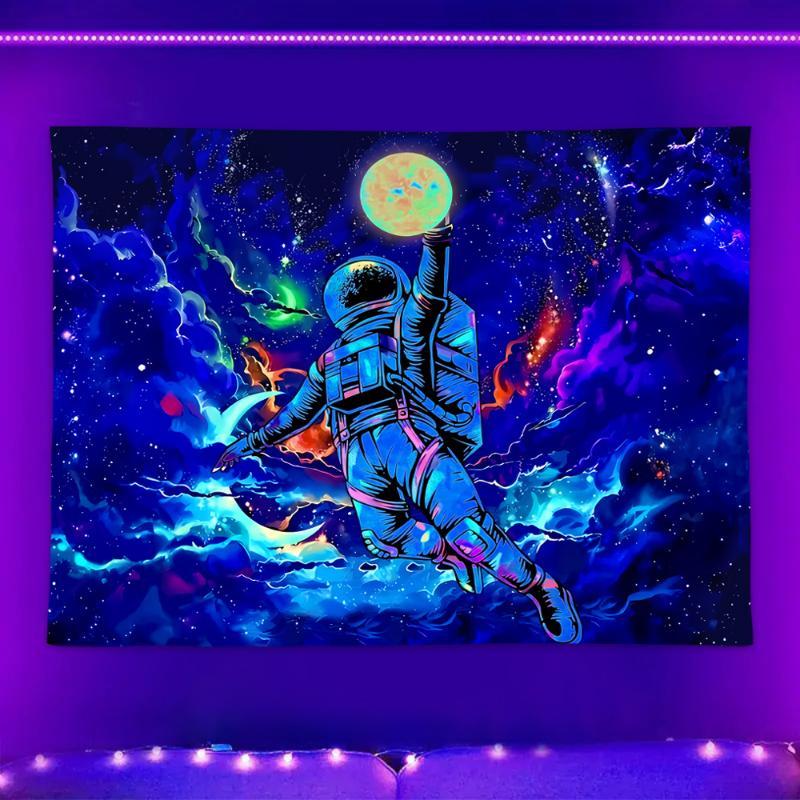 Astronaut Pattern Fluorescent Tapestry, 1 Count Dark Themed Light Tapestry, Cool Milky Way Space Starry Sky Tapestry, Living Room Bedroom Aesthetic Decor Wall Hanging, Tapestry Wall Mural