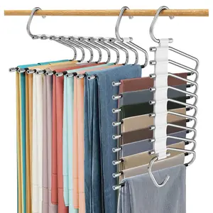 Upgrade 9 Layers Pants Hangers Space Saving, Multifunctional Pants Rack Non Slip Stainless Steel Clothes Space Saver Hangers Closet Organizers Storage for Pants Jeans Leggings