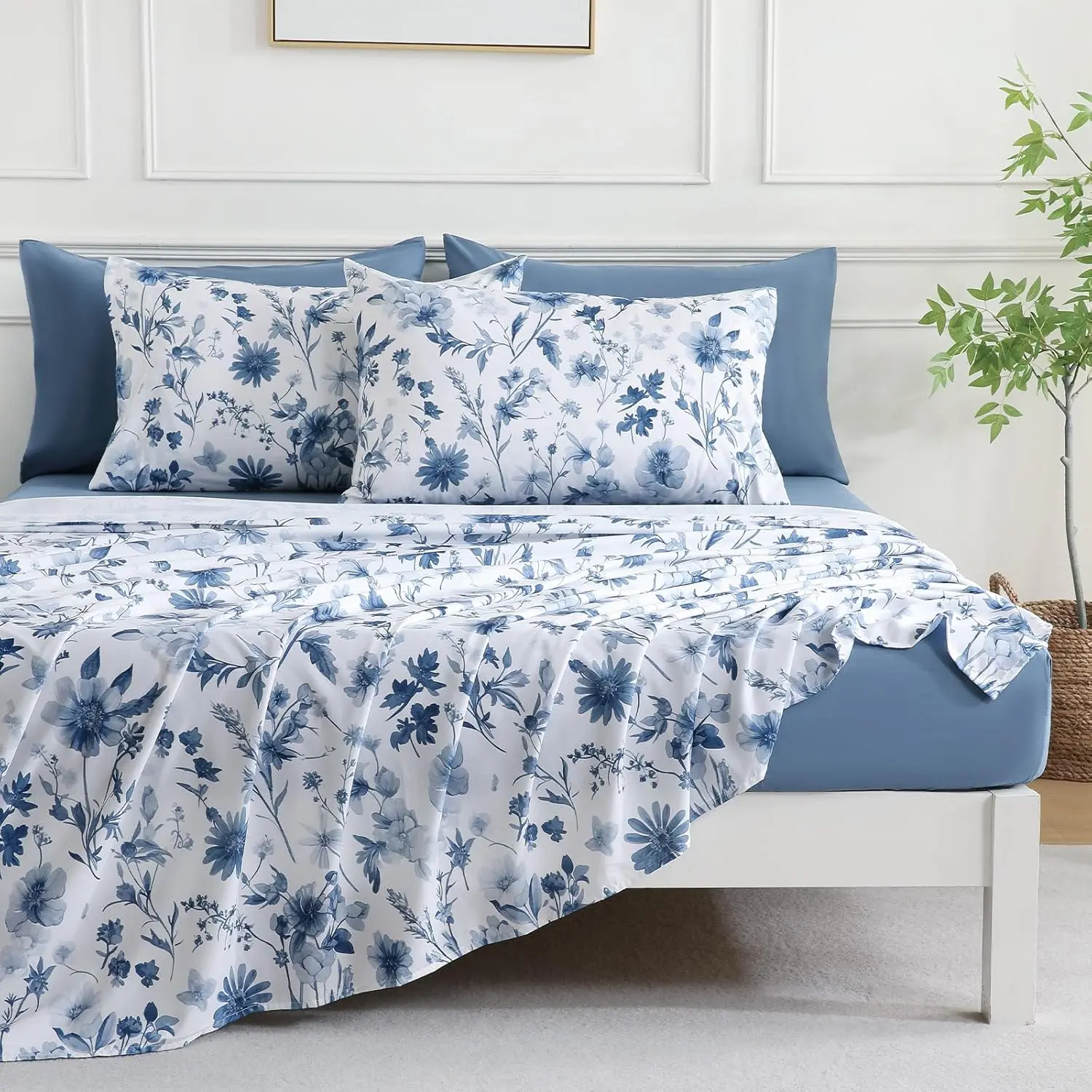 Botanical  Queen Bed Sheets Set, Boho Floral Print Brushed Microfiber Sheets, Cooling Bed Sheet Set, Soft & Breathable, 16' Deep Fitted Sheet & Pillowcase Set, Grey Blue Floral