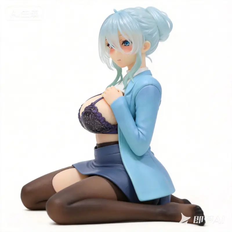 Anime Manga PVC Resin Female Figurine - Ice Blue Gradient Bun Hair, Kneeling Pose, Ripped Tights - Unisex Office Lady Desk Collectible Statue Gift for Ages 12+