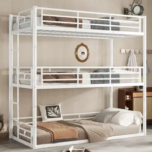 ARCH Twin over Twin over Twin Triple Bunk Bed Metal Frame with Safety Guardrails Heavy Duty Noise Reduced Design for Kids Teens Bedroom Space Saving White, Bedroom Furniture for Bedroom, Guest Room, Kids Room, Teen Room, Dorm and Apartment