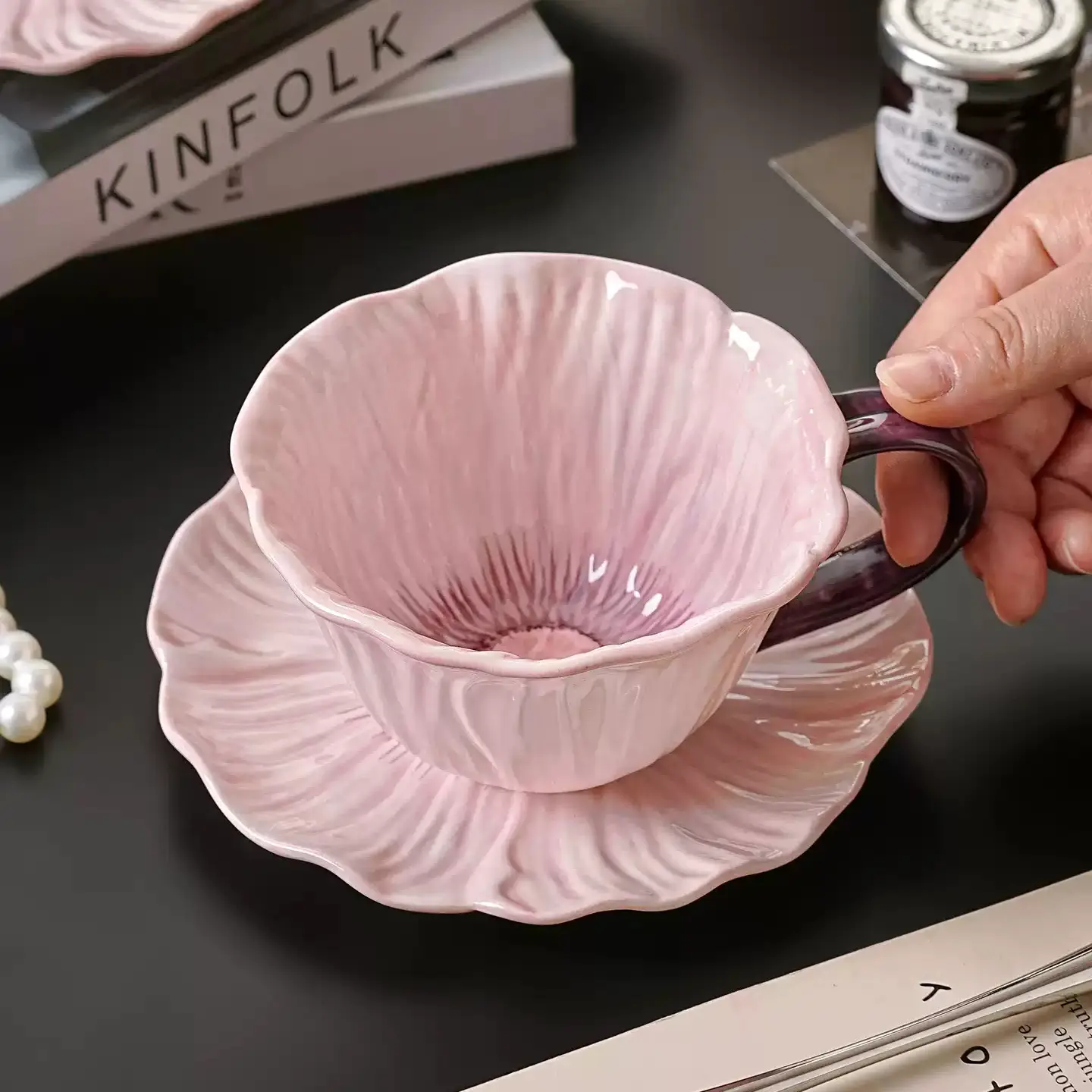 Beautiful Coffee Cup Set for Women🌸, Creative Hand-Drawn Floral Ceramic Cups, Vintage French Petal Afternoon Tea Gift, Aesthetic