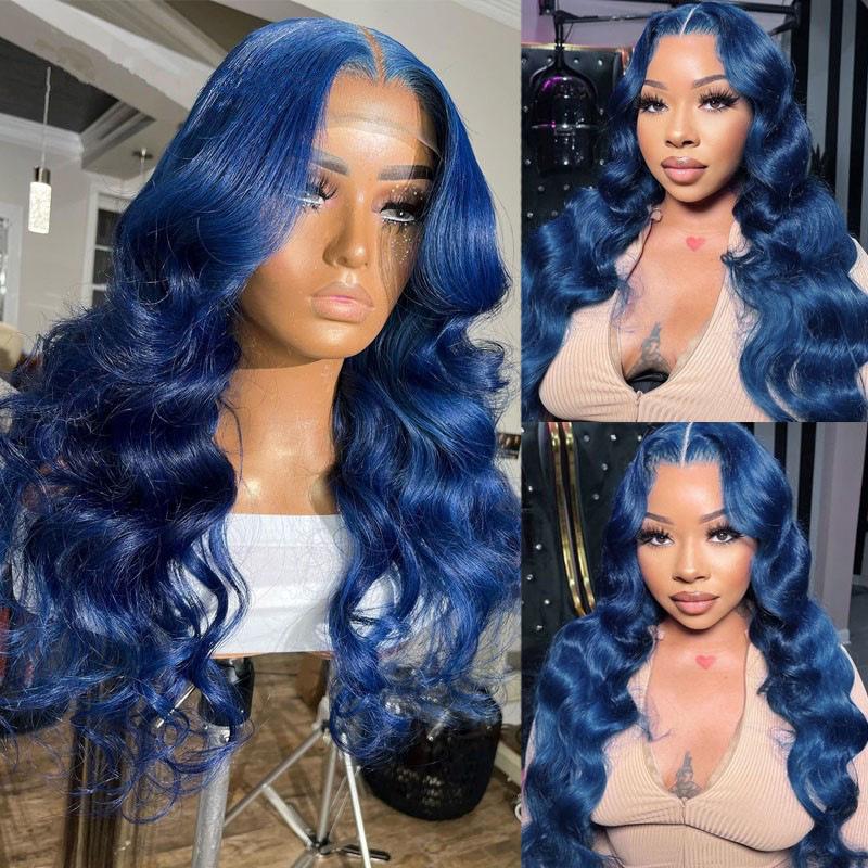 2026 Wig with middle parting, blue large wavy long curly hair, rose net cap
