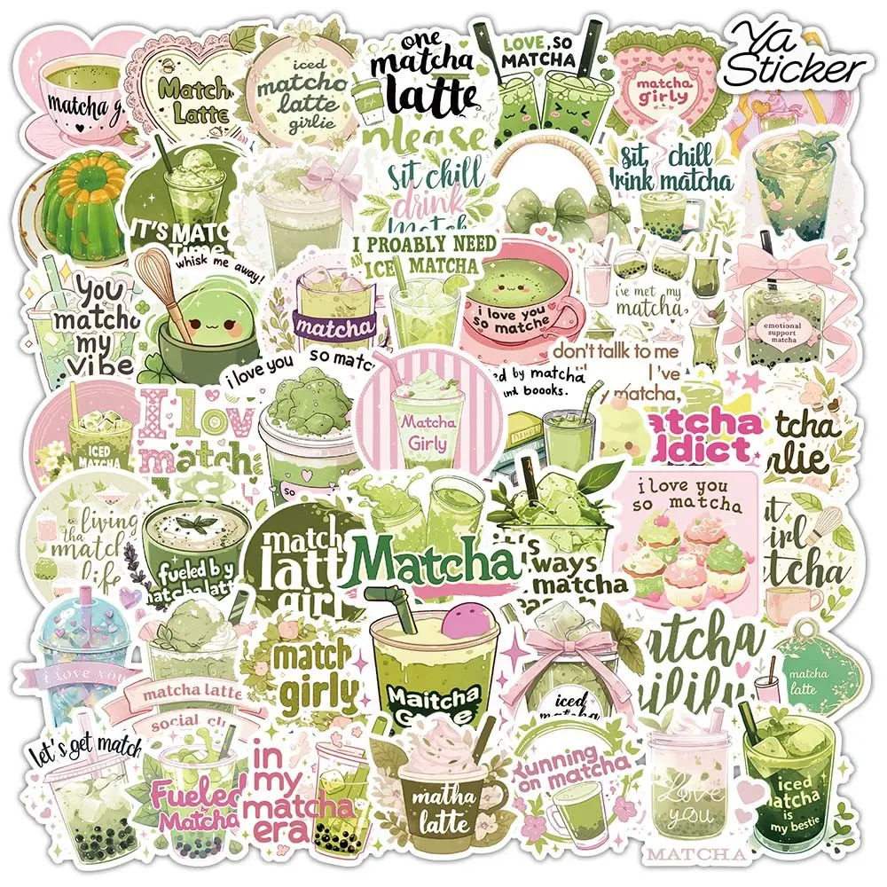 50pcs Matcha Milk Tea Stickers, Cute Handmade DIY Decorative Stickers, Healing Matcha Lovers Exclusive Stickers, Water Cup Computer Phone Case Stickers