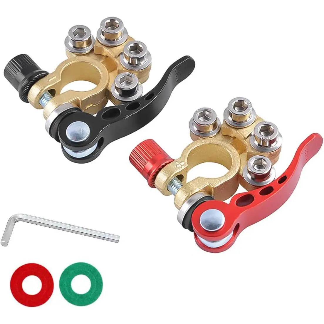 2PCS 4-Way Quick-Release Car Battery Terminal Connector Set, 4-way term., Tin-Brass Polarity Safe Disconnect Clamps for SAE/JIS Type A Posts & Compatible Automotive Electrical Systems Parts