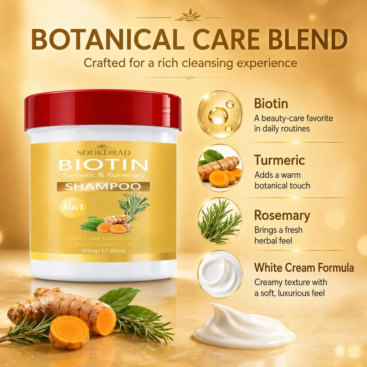 Biotin Turmeric Rosemary 3in1 Hydrating Shampoo, Moisturize Hair, Clean Scalp, 500g