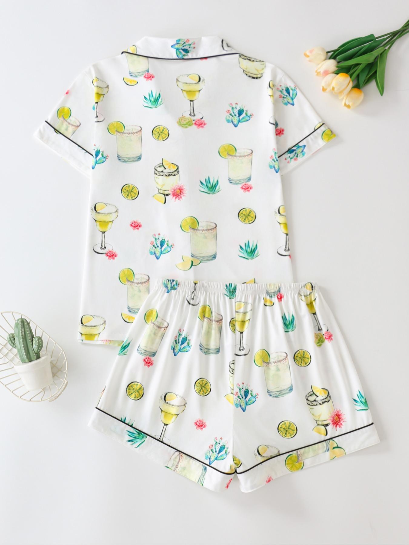 Women's Short Sleeve Pajama Set, Button Front Chest Pocket Design Lapel Neck Top & Elastic Waist Shorts Pj Set, Ladies Sleepwear, Breathable Stylish Pajama, Shortsleeve Womenswear, Loungewear, Homewear