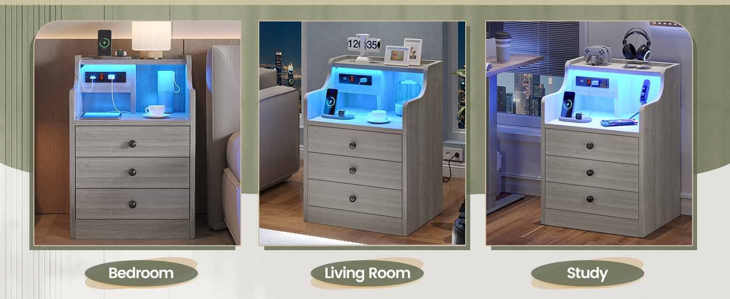 Sikaic LED Nightstand with 3 Storage Drawers Grey Modern Bedside Table RGB Lights Charging Station Engineered Wood Assembly Required Bedroom Set