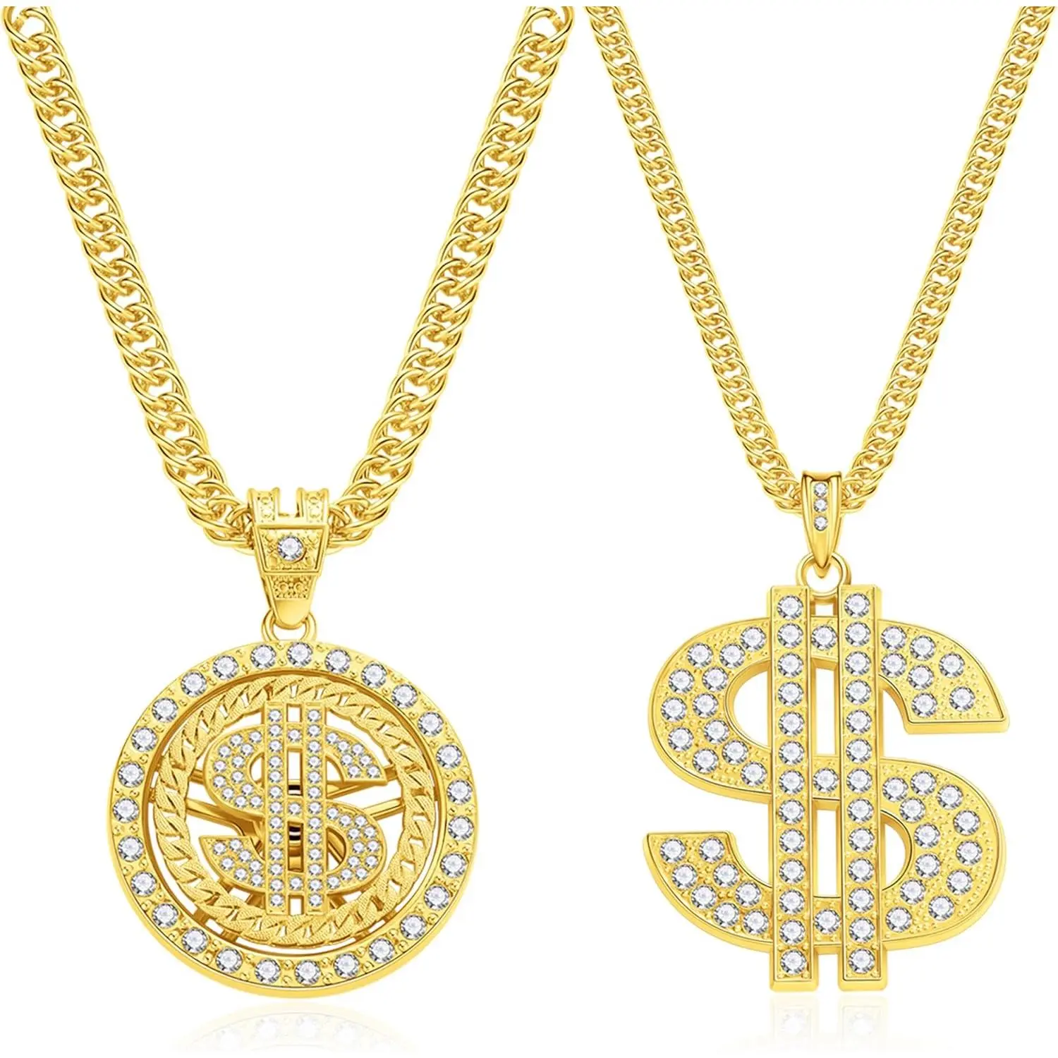 Unisex 2-Piece 6 mm Width Zinc Alloy Dollar Sign USD Necklaces - 2 Different Designs, 27.5" Long Hip Hop Bling Stainless Steel Rhinestone Casual Jewelry, Music Festival Accessory, Choking Hazard Small Parts Note, Two Pieces, 2 Different Dollar Sign Neckla