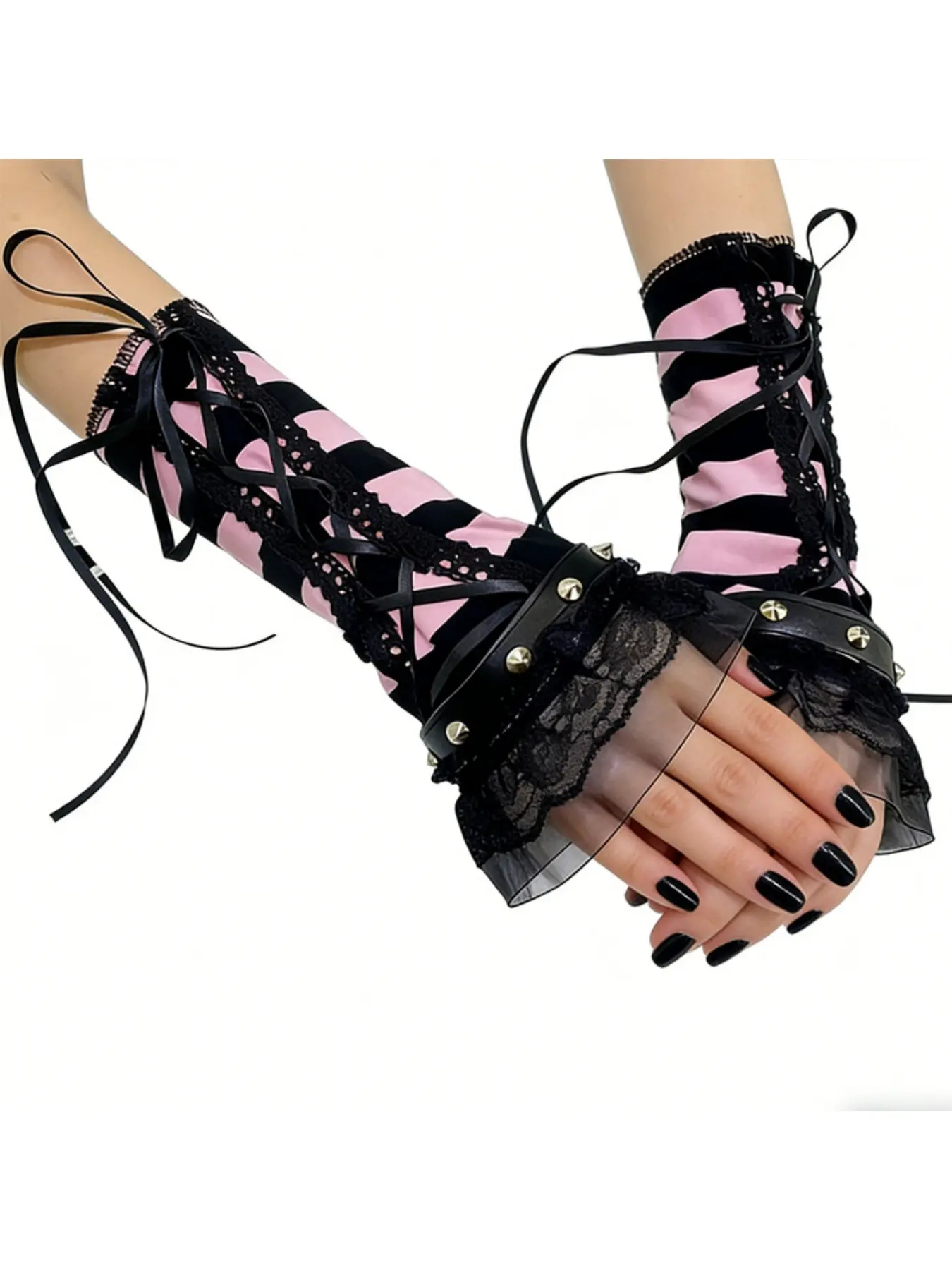 Pink Striped Arm Sleeves, Subculture Cuffs, Lace Punk Dance Accessories for Y2K Alt Outfits