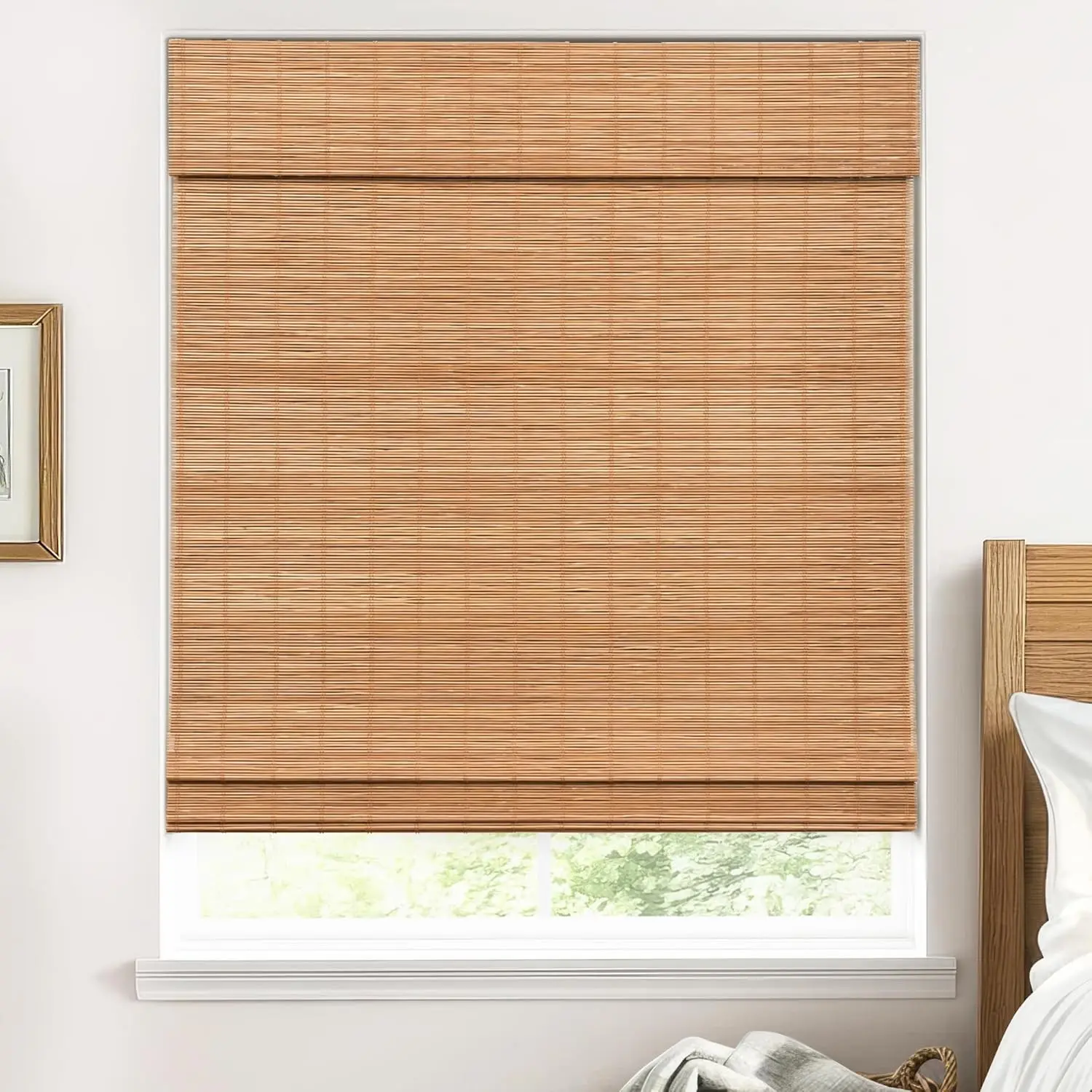 Cordless Bamboo Roman Shades for Windows 100% Blackout Backing Fabric for Light Blocking 23" W × 64" H