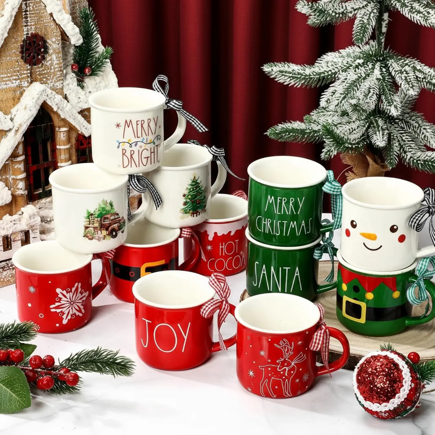 12 count Ceramic Christmas Snowflake Mug with Ribbon 11 oz Hot Cocoa Christmas Coffee Mugs Santa Winter Holiday for Centerpieces Decorations Housewarming