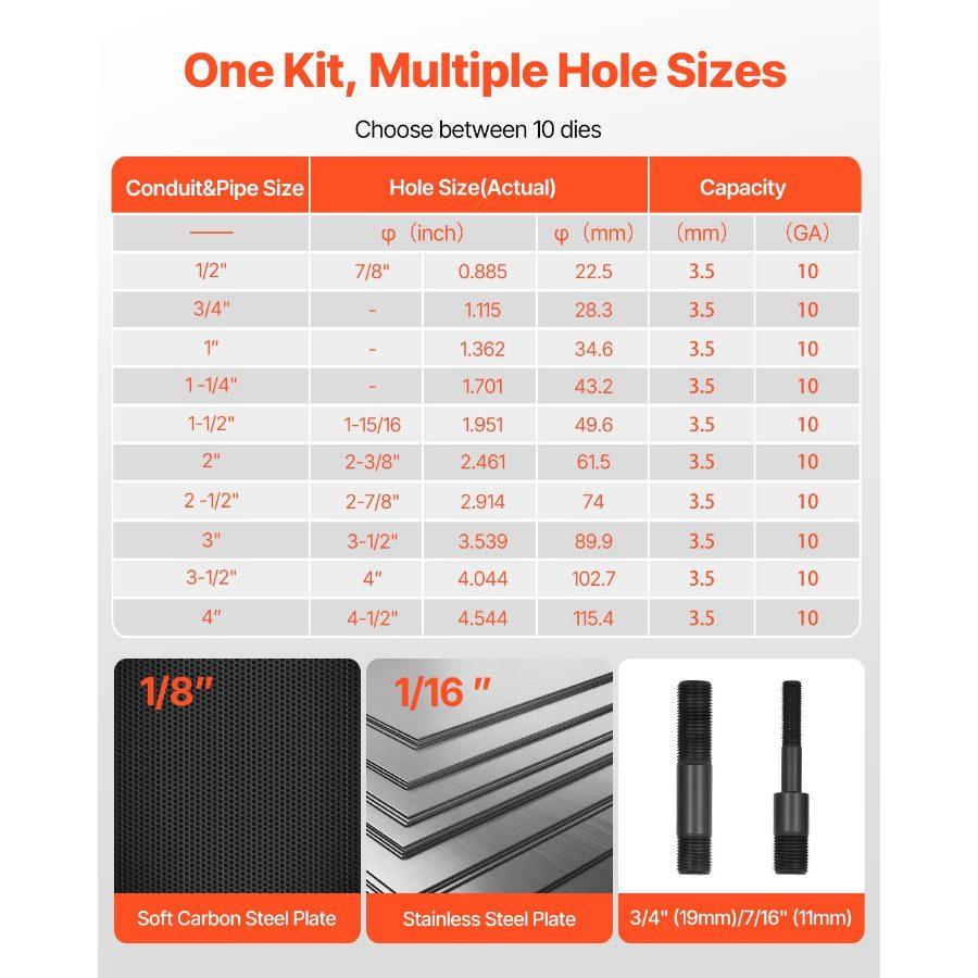VEVOR Knockout Punch Set, 15 Ton Hydraulic Knockout Set, 1/2 to 4 KO Tool Kit Hole Making Tool, KO Tools Kit W/10 Dies for Metal Electrical Cabinets, Electrical Control Cabinets, Switch Cabinets