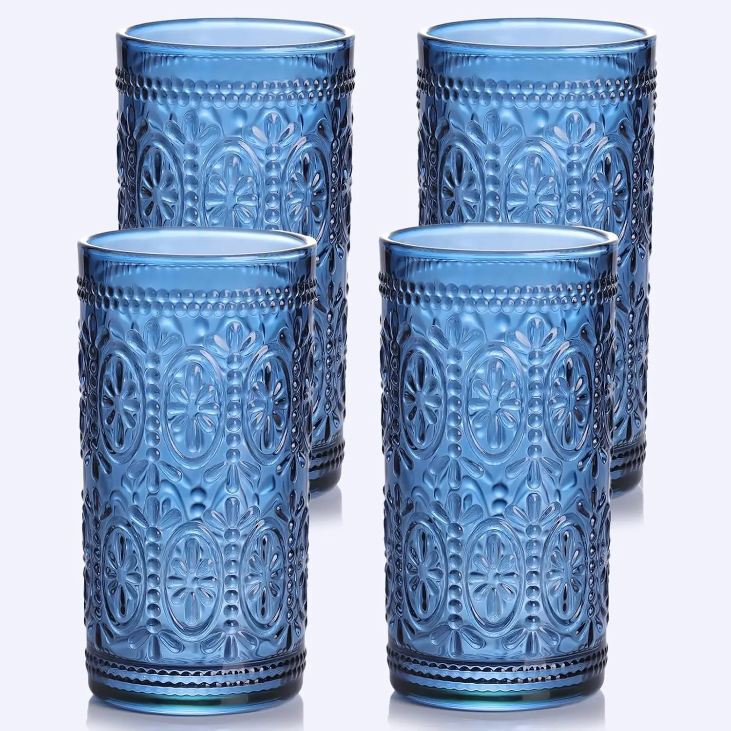 Set of 4 Vintage Blue Highball Drinking Glasses, Colored Glassware Set for Water, Juice, Cocktail, Perfect for Party, Wedding, Home & Office Use